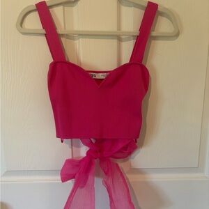 Zara Vibrant Pink Organza Tie-Back Bow Crop Top (DAMAGED)